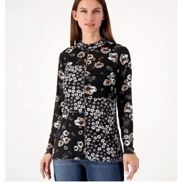 LOGO Lavers by Lor: Goldstein Patchwork Print Sheer Mesh Top Black Size 4X - Picture 1 of 1